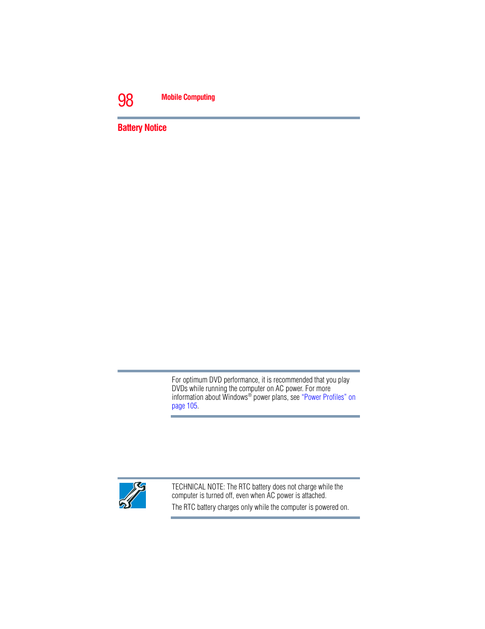 Battery notice | Toshiba A205 User Manual | Page 98 / 237