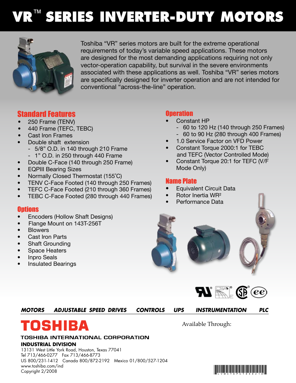 Series inverter-duty motors, Standard features | Toshiba Low Voltage Motors VR Series User Manual | Page 2 / 2