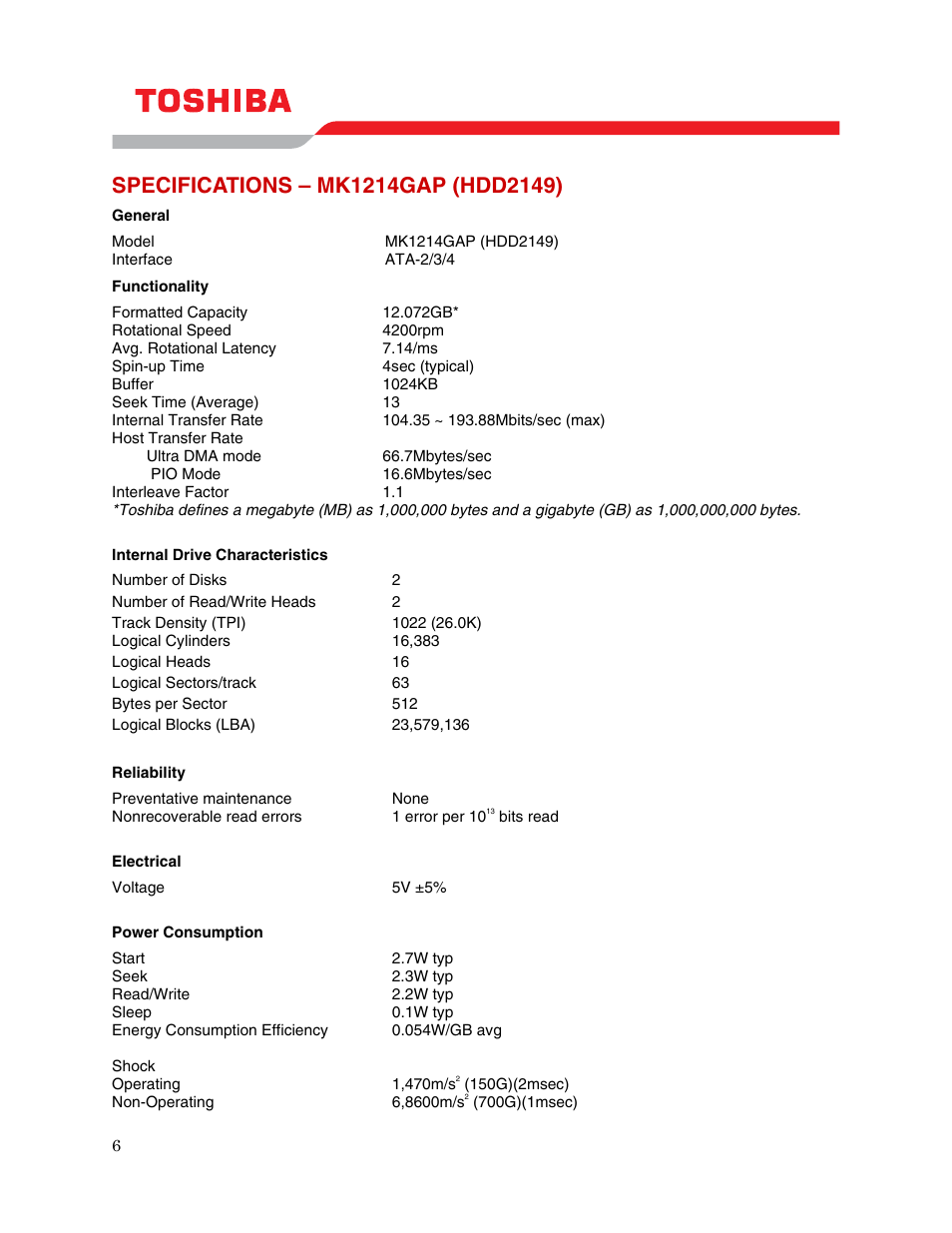 Specifications – mk1214gap (hdd2149) | Toshiba MK1214GAP User Manual | Page 8 / 11
