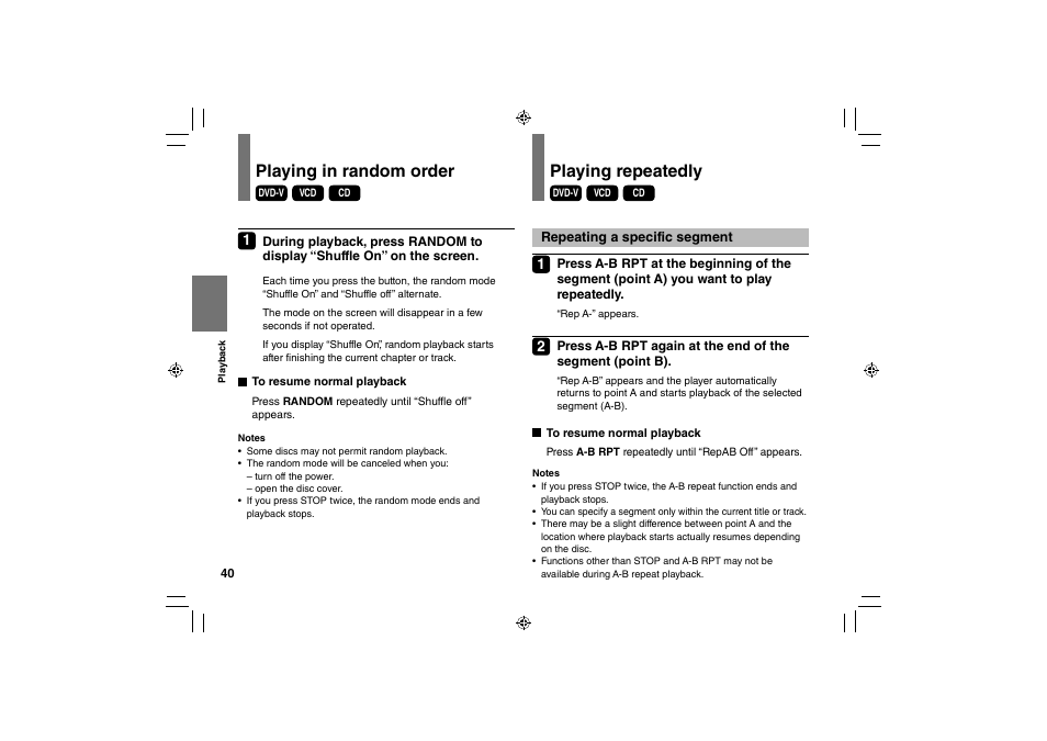 Playing in random order, Playing repeatedly | Toshiba SD-P91SKY User Manual | Page 40 / 80