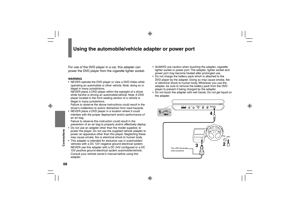 Using the automobile/vehicle adapter or power port | Toshiba SD-P91SKY User Manual | Page 68 / 80