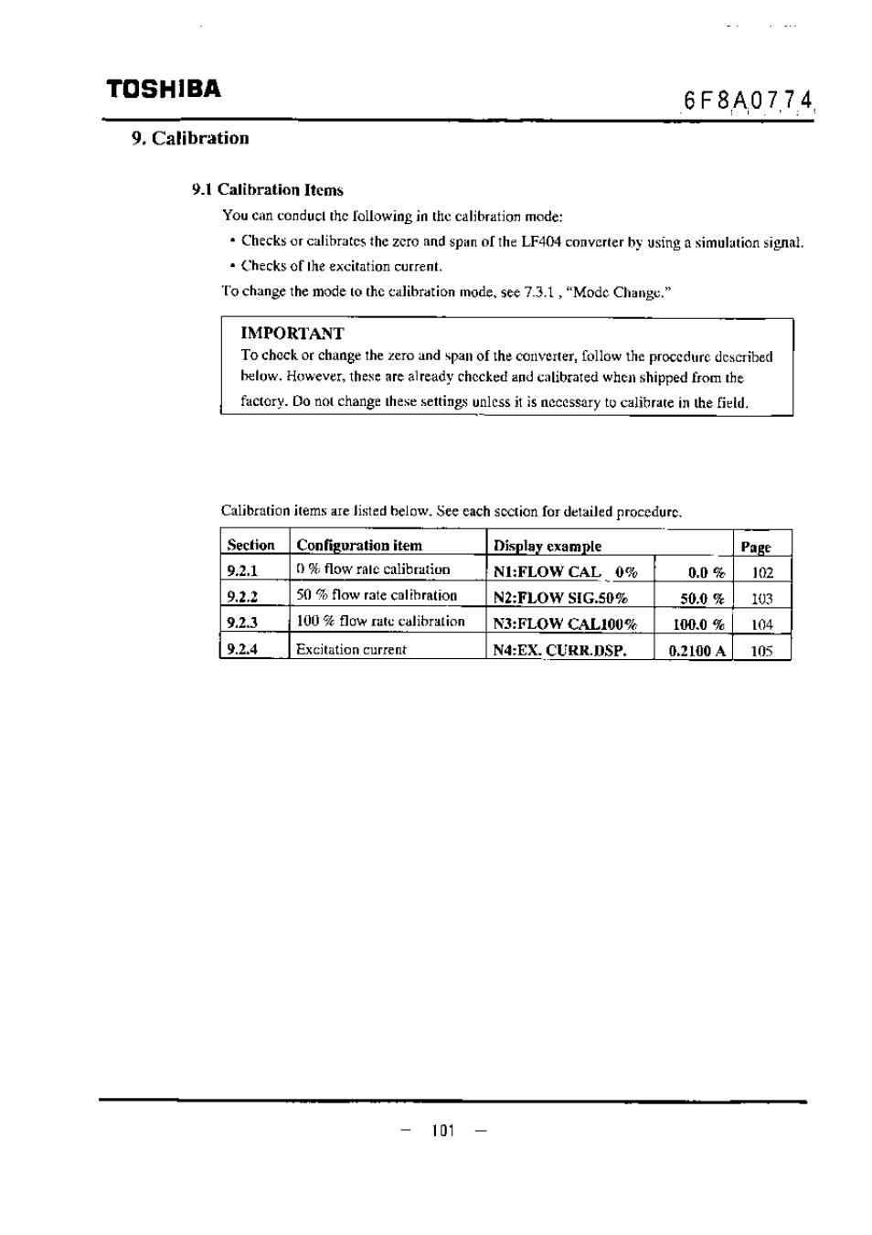 Calibration, 1 calibration items, Toshiba | Toshiba LF494 User Manual | Page 102 / 156