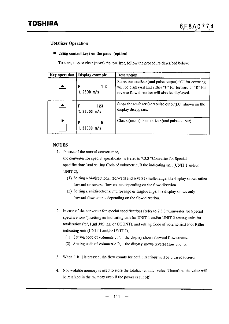 Totalizer operation, Notes, Toshiba | Toshiba LF494 User Manual | Page 112 / 156