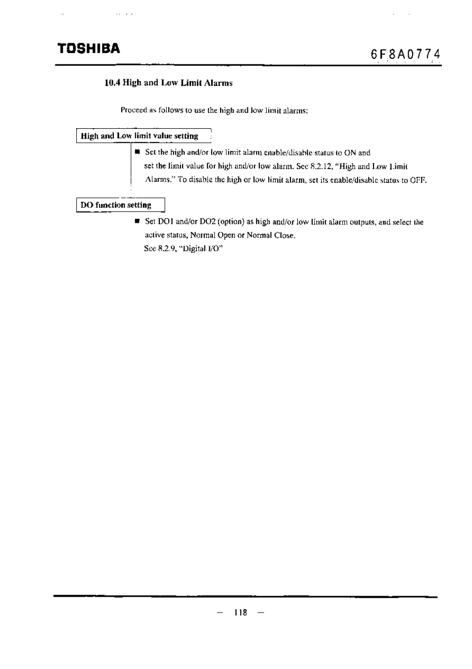 High and low limit value setting, Toshiba | Toshiba LF494 User Manual | Page 119 / 156