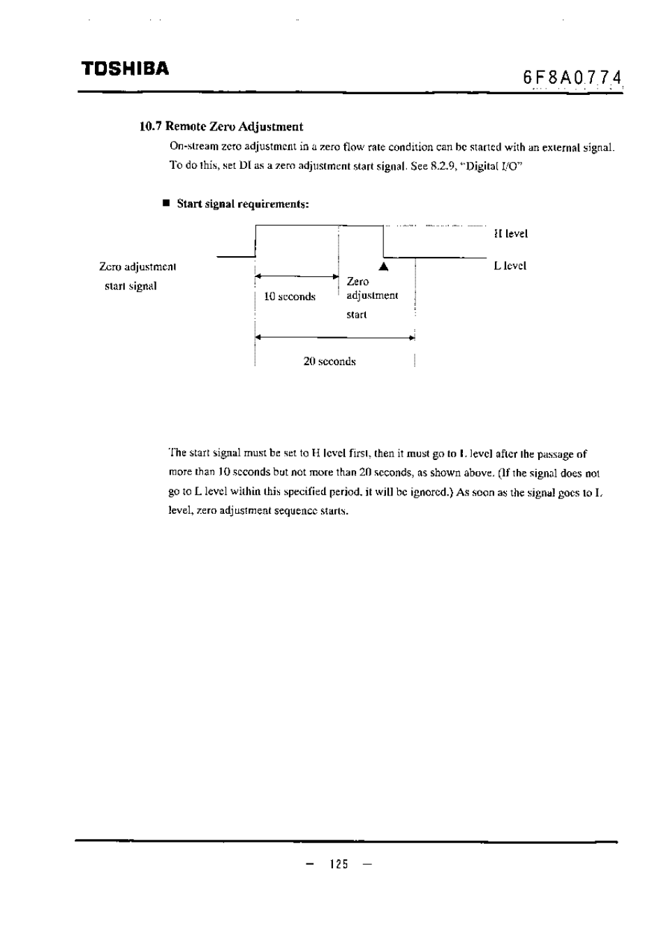 10*7 remote zero adjustment, Start signal requirements, Toshiba | Toshiba LF494 User Manual | Page 126 / 156