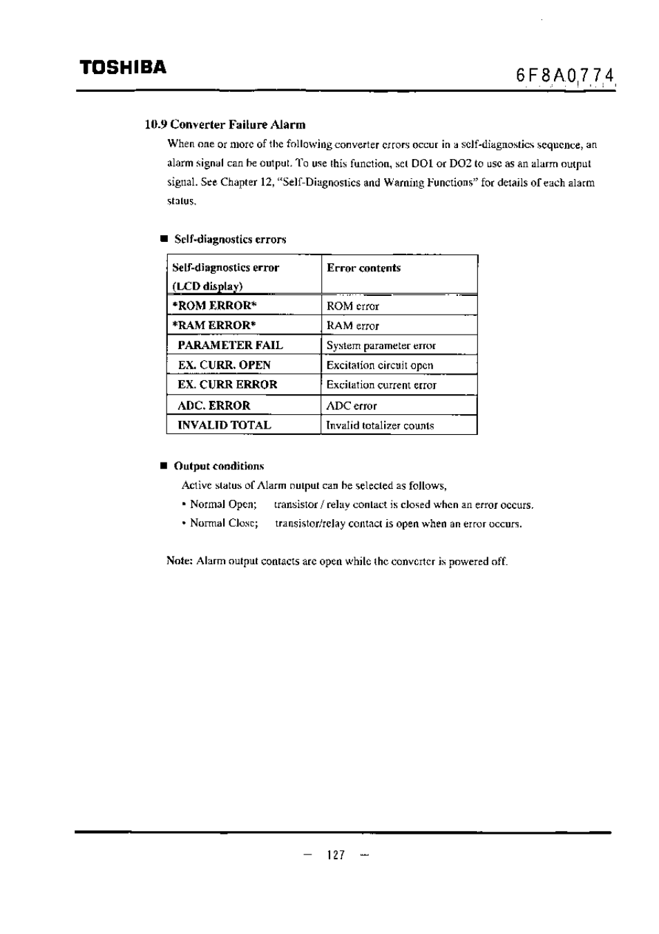 6f8a0774, 9 converter failure alarm, I output conditions | Toshiba | Toshiba LF494 User Manual | Page 128 / 156