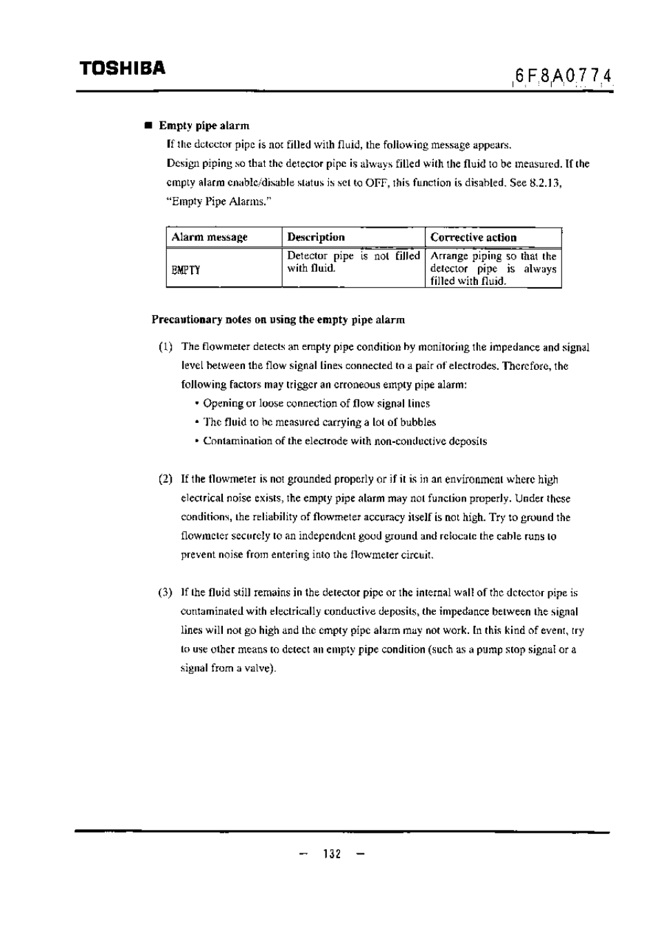 Precautionary notes on using the empty pipe alarm, Toshiba | Toshiba LF494 User Manual | Page 133 / 156