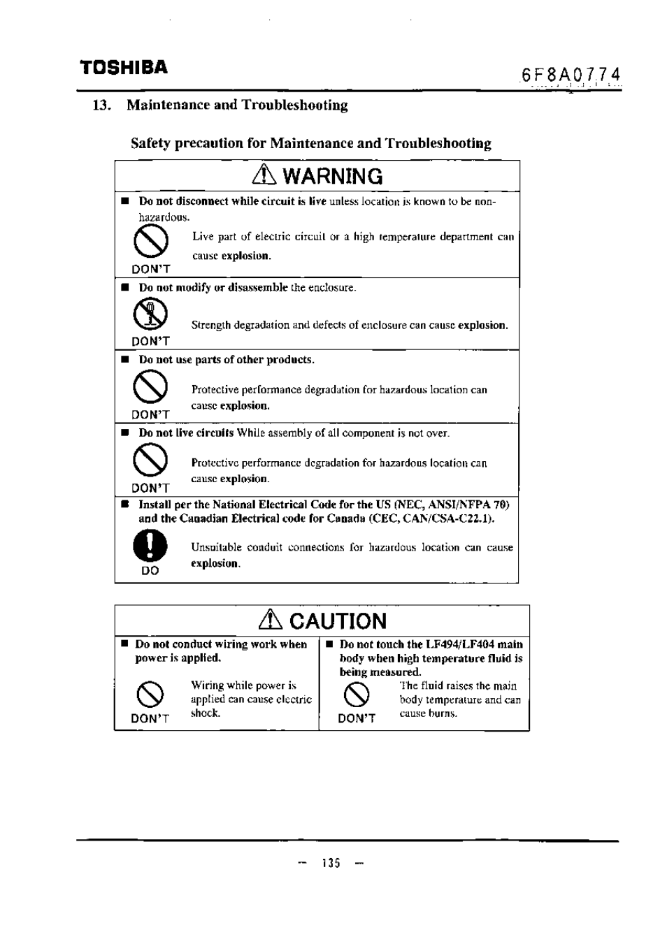 13, maintenance and troubleshooting, Don’t, Dont | Caution, Toshiba, Zl warning | Toshiba LF494 User Manual | Page 136 / 156