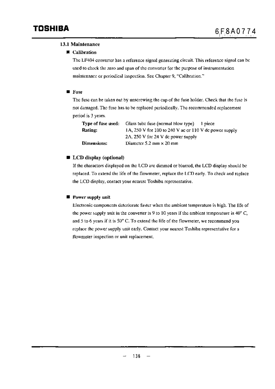 Fuse, Lcd display (optional), Toshiba | Toshiba LF494 User Manual | Page 137 / 156
