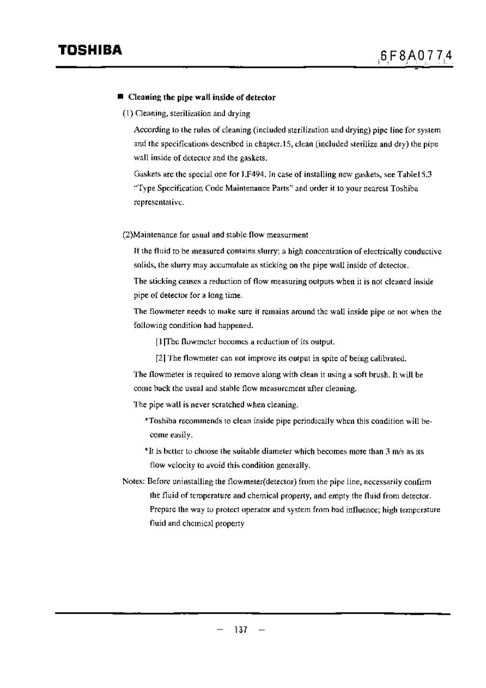 Cleaning the pipe wall inside of detector, Toshiba | Toshiba LF494 User Manual | Page 138 / 156