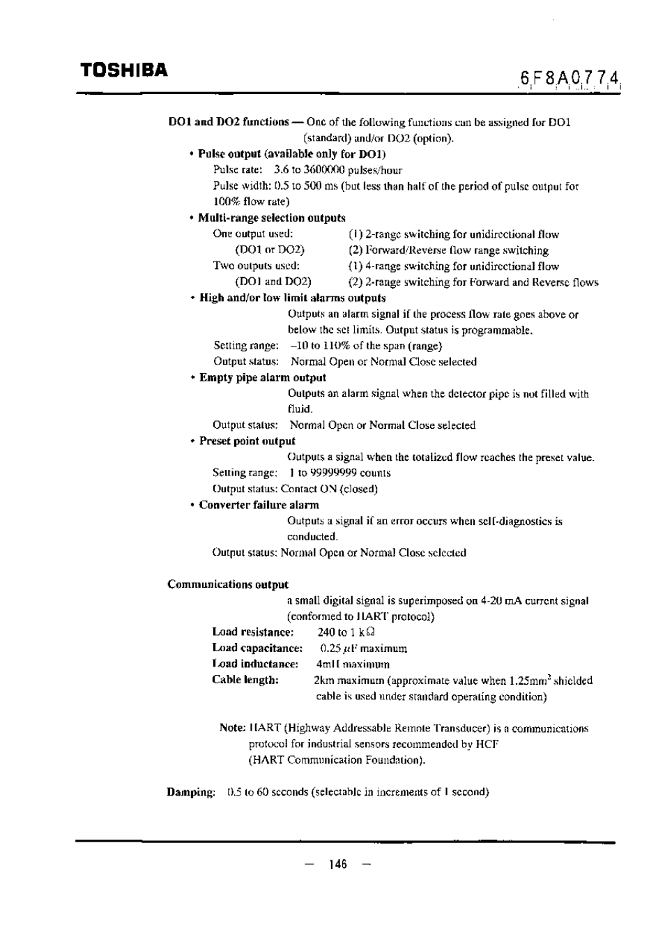 F8a0.7 7 4, Communications output, Toshiba | Toshiba LF494 User Manual | Page 147 / 156