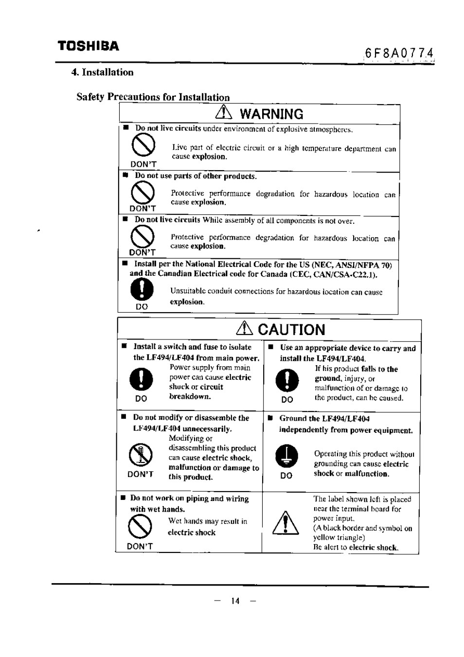 Installntion safety precautions for installation, Warning, Toshiba | Caution | Toshiba LF494 User Manual | Page 15 / 156