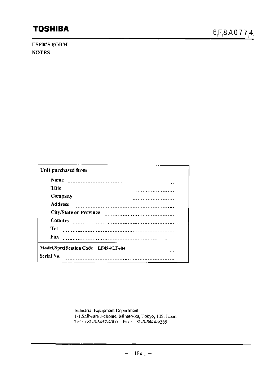 Toshiba, User's form notes, Company | Address, Country | Toshiba LF494 User Manual | Page 155 / 156