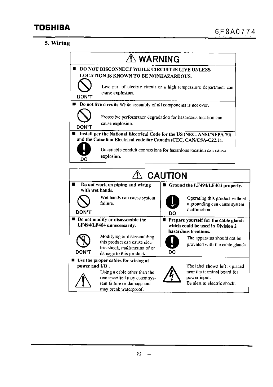 5, wiring, Toshiba, Warning | Caution | Toshiba LF494 User Manual | Page 24 / 156