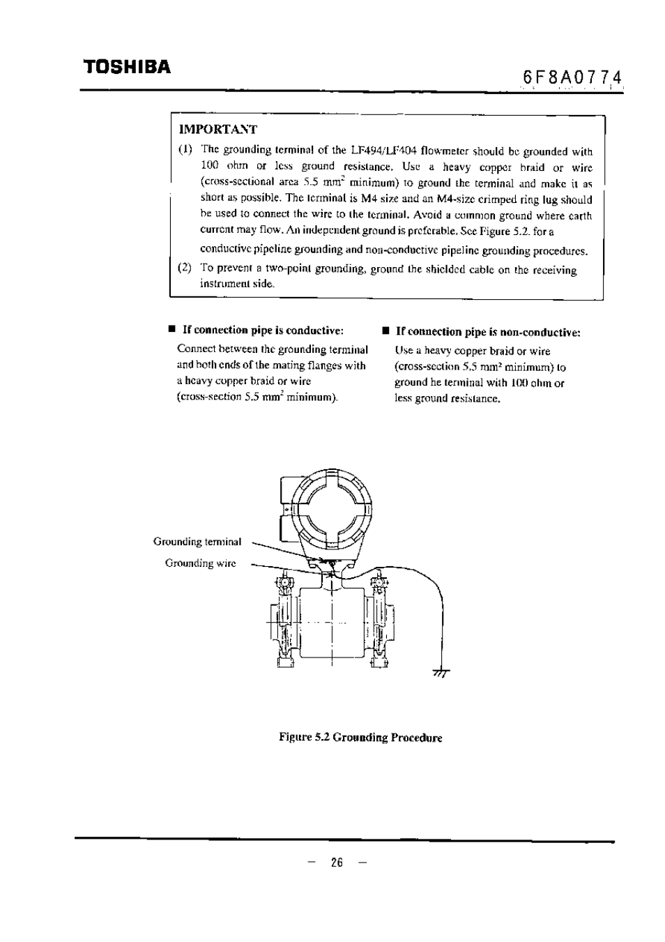 Important, I if connection pipe is conductive, If connection pipe is non-conductive | Figure 5.2 grounding procedure, Toshiba | Toshiba LF494 User Manual | Page 27 / 156