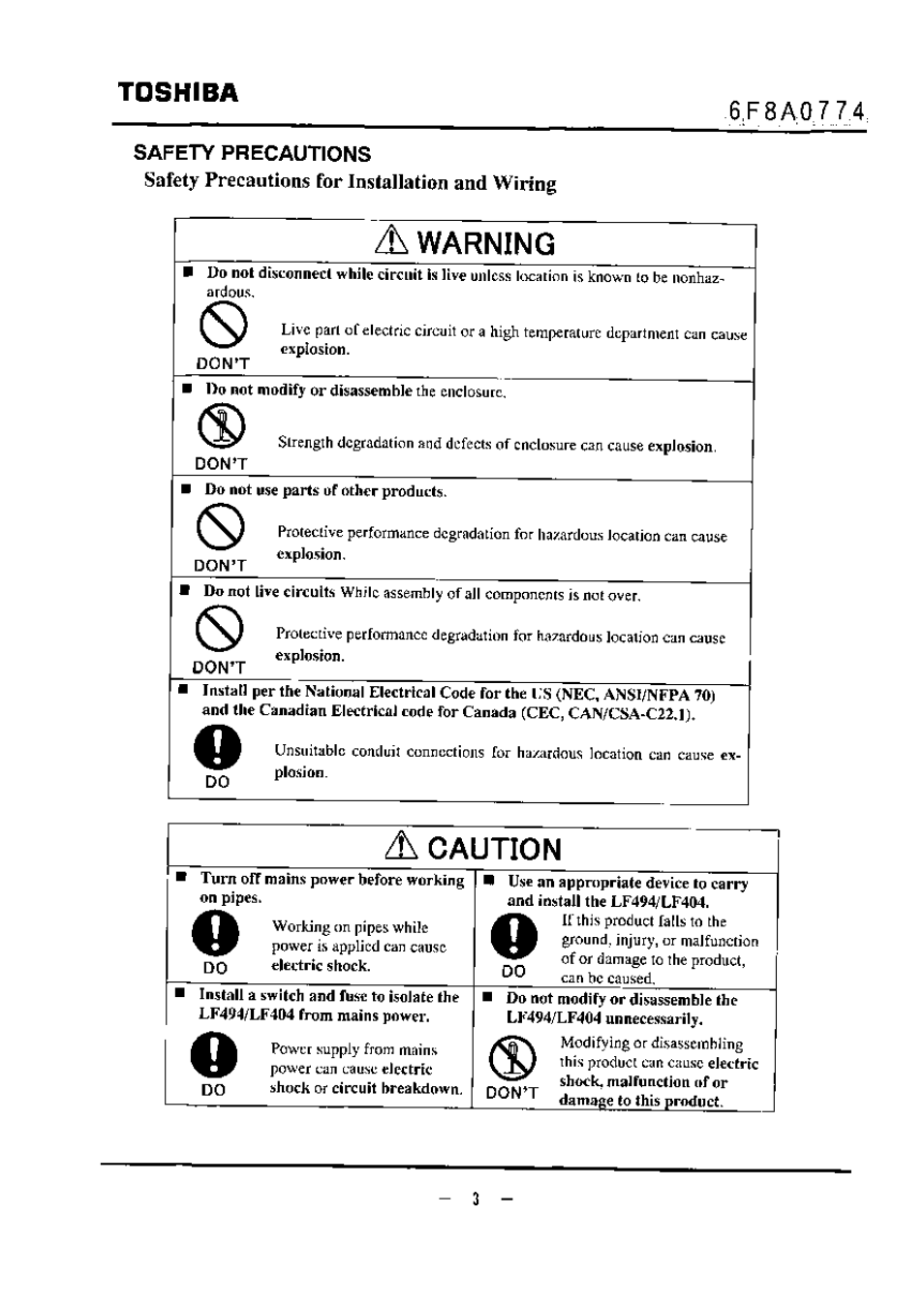 Safety precautions, Safety precautions for installation and wiring, 6,f8a0 7 7 4 | Dont, Warning, Caution, Toshiba | Toshiba LF494 User Manual | Page 4 / 156