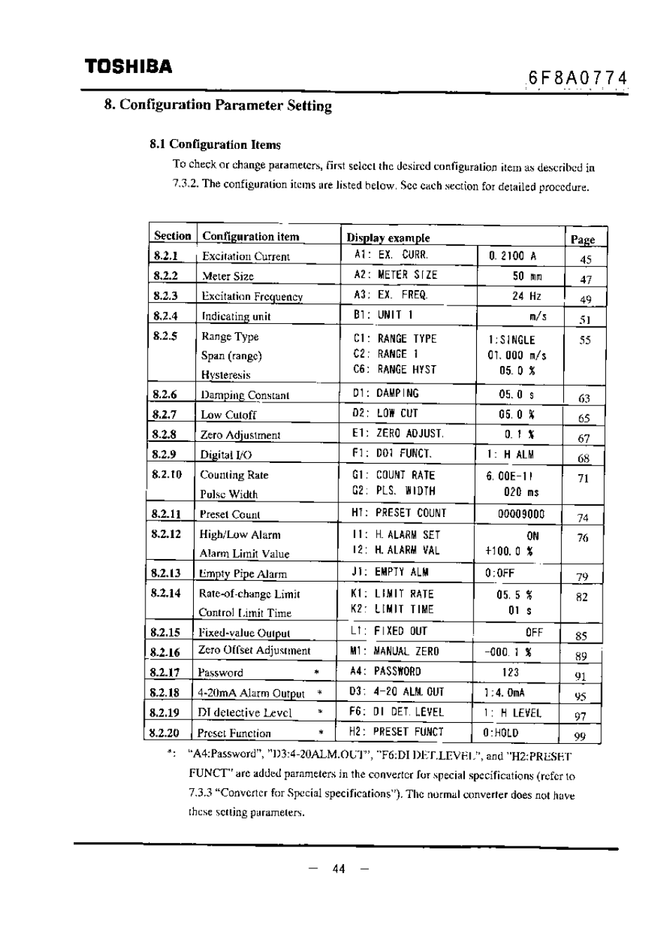 Configuratiim parameter setting, 8»1 configuration items, Toshiba | Toshiba LF494 User Manual | Page 45 / 156