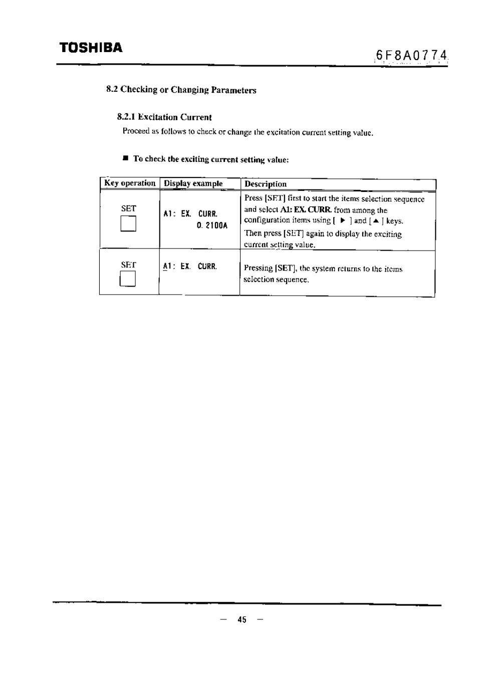 2 checking or changing parameters, 1 excitation current, Toshiba | Toshiba LF494 User Manual | Page 46 / 156