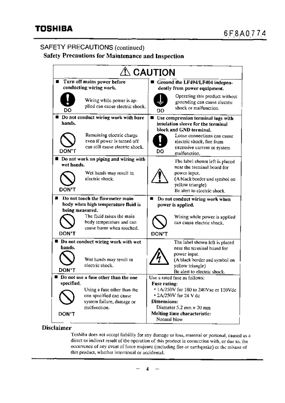 Safety precautions (continued), Safety precautions for maintenance and inspection, Caution | Toshiba | Toshiba LF494 User Manual | Page 5 / 156