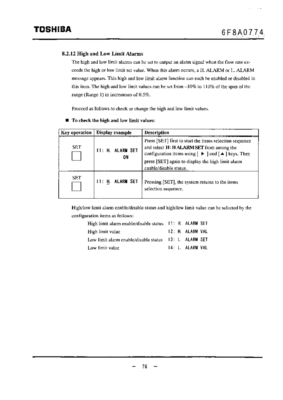 8*2л2 high and low limit alarms, Toshiba | Toshiba LF494 User Manual | Page 77 / 156