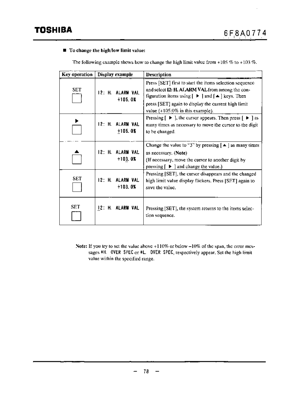 To change the high/low limit value, Toshiba | Toshiba LF494 User Manual | Page 79 / 156