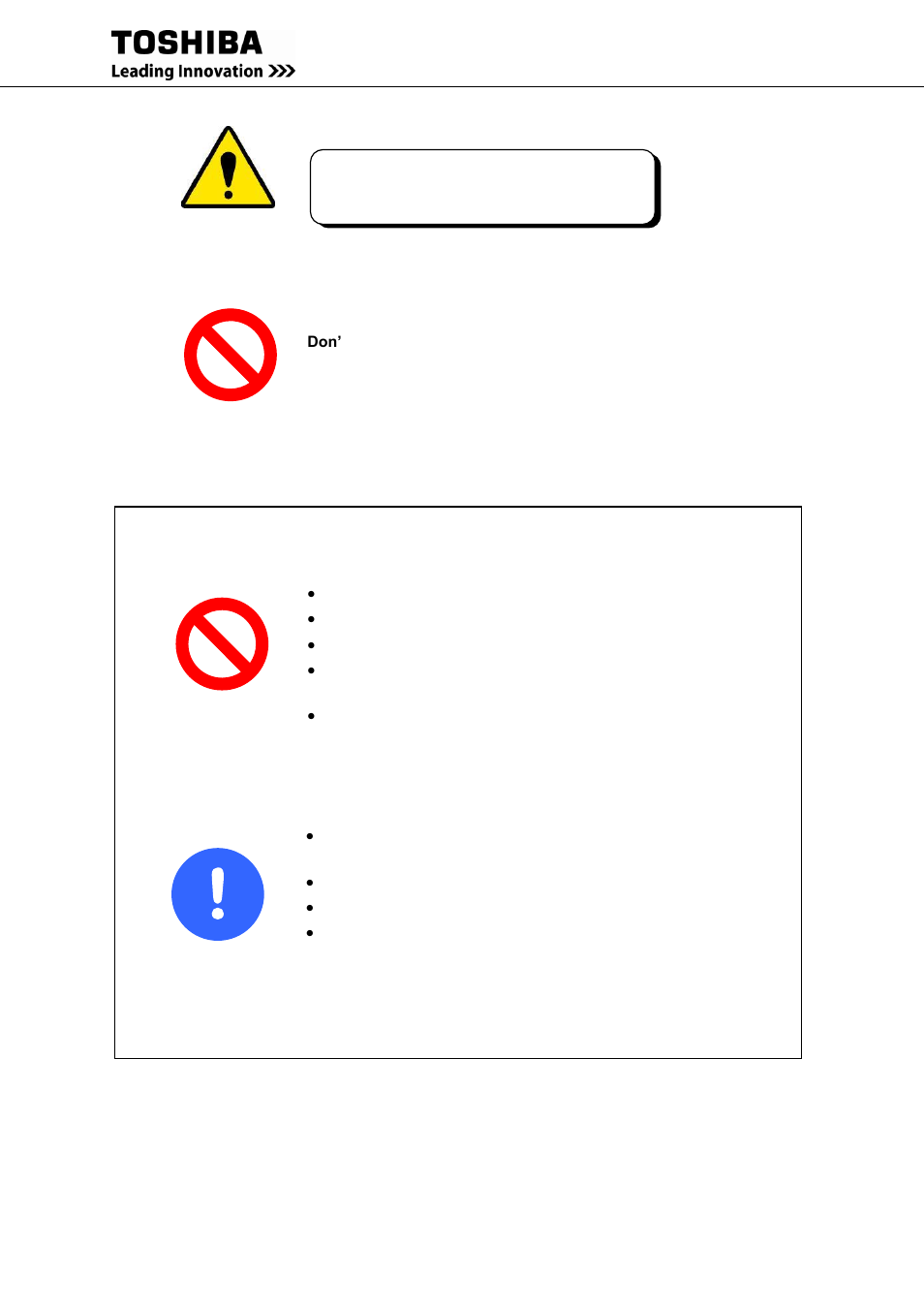 Safety precautions, Warning 2 | Toshiba G9000 User Manual | Page 13 / 100