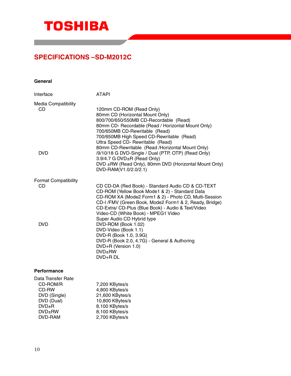 Specifications –sd-m2012c | Toshiba SD-M2012C User Manual | Page 12 / 16