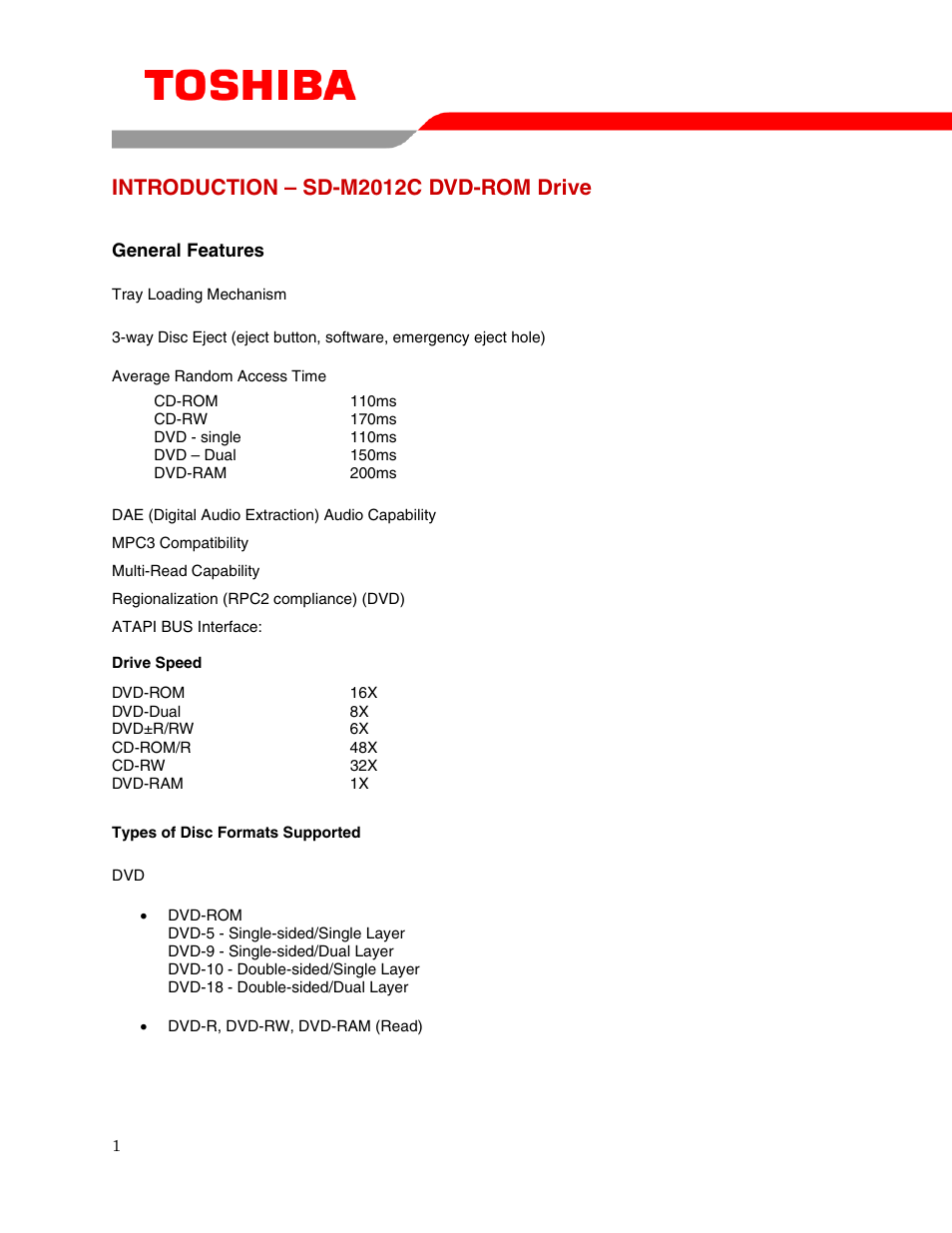 Introduction – sd-m2012c dvd-rom drive | Toshiba SD-M2012C User Manual | Page 3 / 16