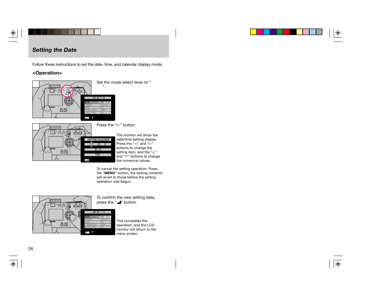 Setting the date | Toshiba pmn User Manual | Page 14 / 60