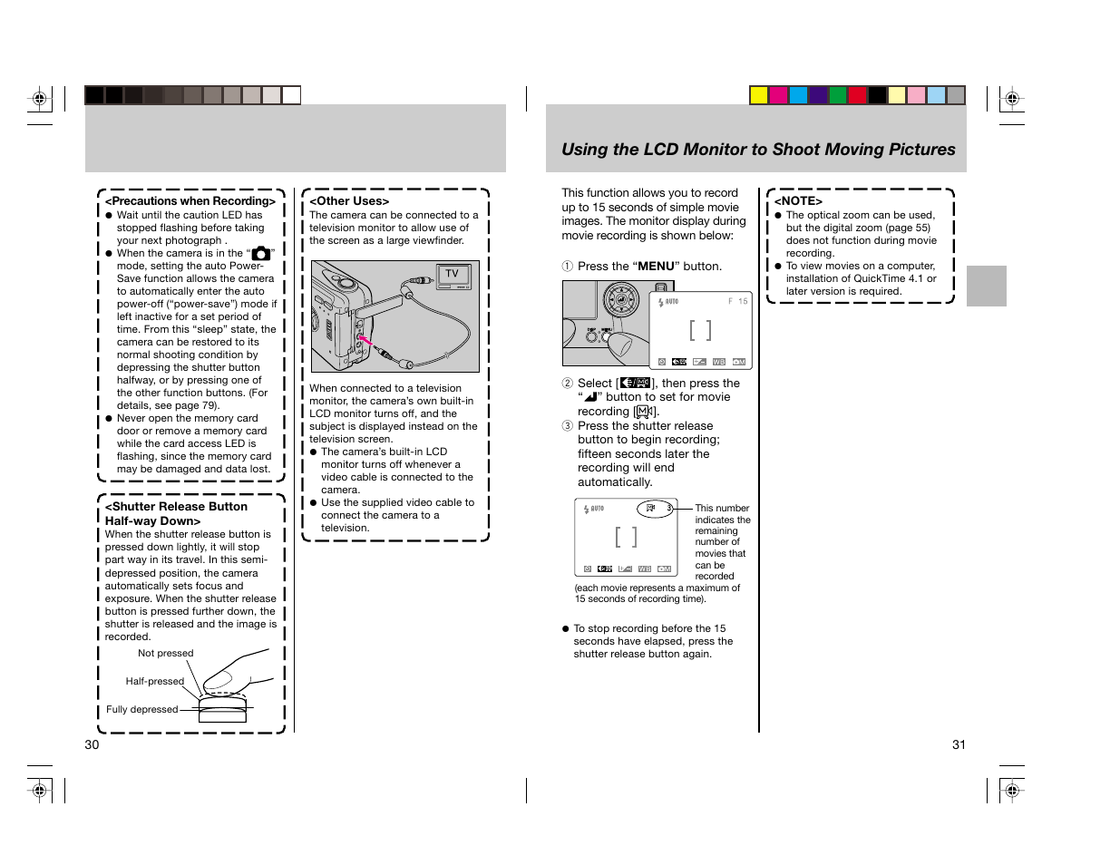 Using the lcd monitor to shoot moving pictures | Toshiba pmn User Manual | Page 17 / 60