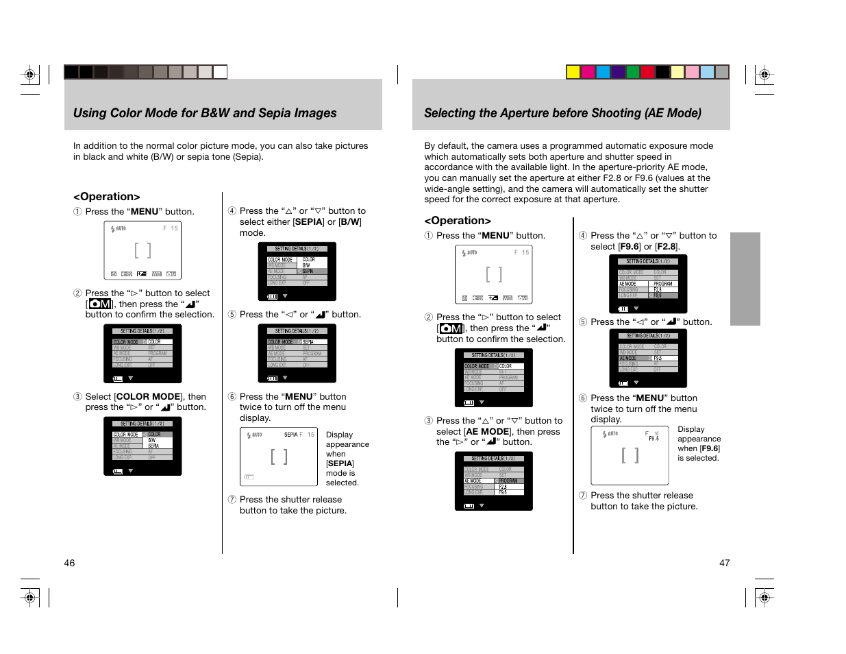 Selecting the aperture before shooting (ae mode), Using color mode for b&w and sepia images | Toshiba pmn User Manual | Page 25 / 60