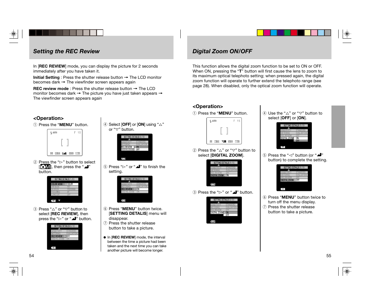 Digital zoom on/off, Setting the rec review | Toshiba pmn User Manual | Page 29 / 60