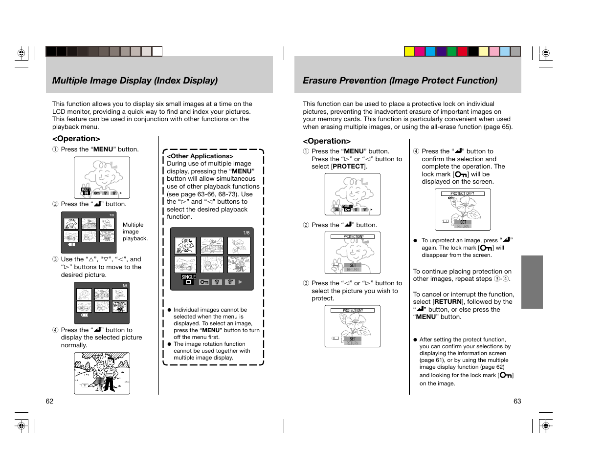 Erasure prevention (image protect function), Multiple image display (index display) | Toshiba pmn User Manual | Page 35 / 60