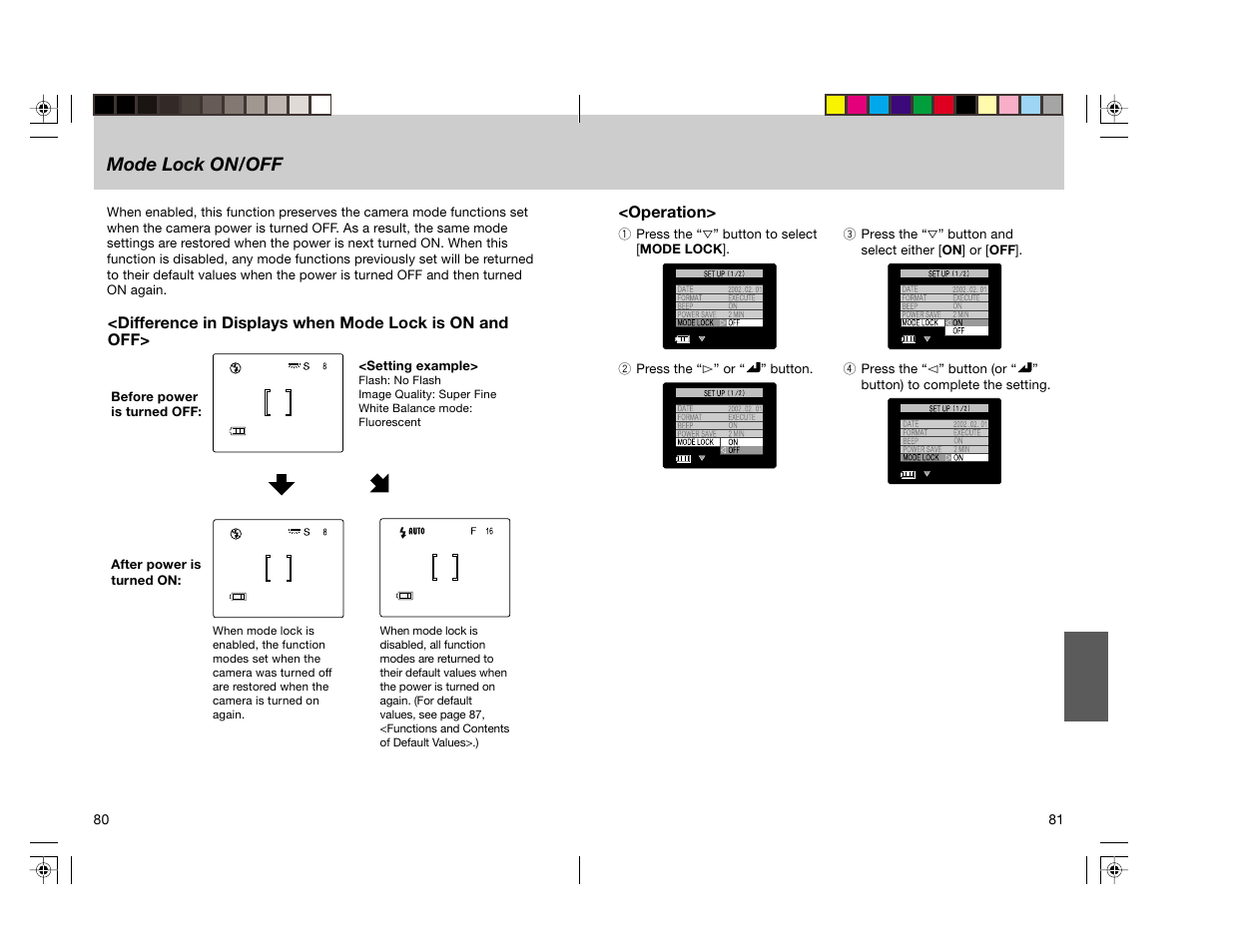 Mode lock on/off | Toshiba pmn User Manual | Page 44 / 60