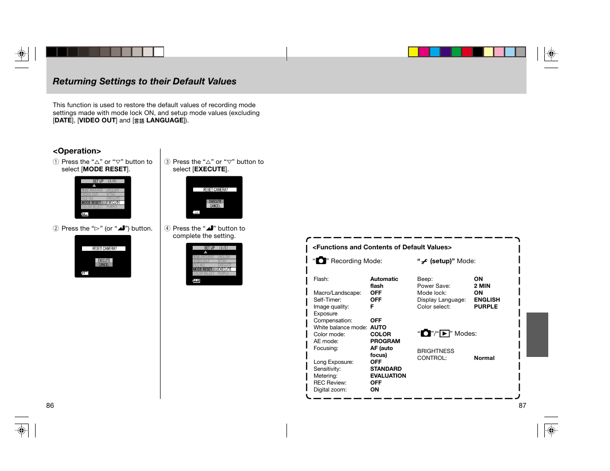 Returning settings to their default values | Toshiba pmn User Manual | Page 47 / 60