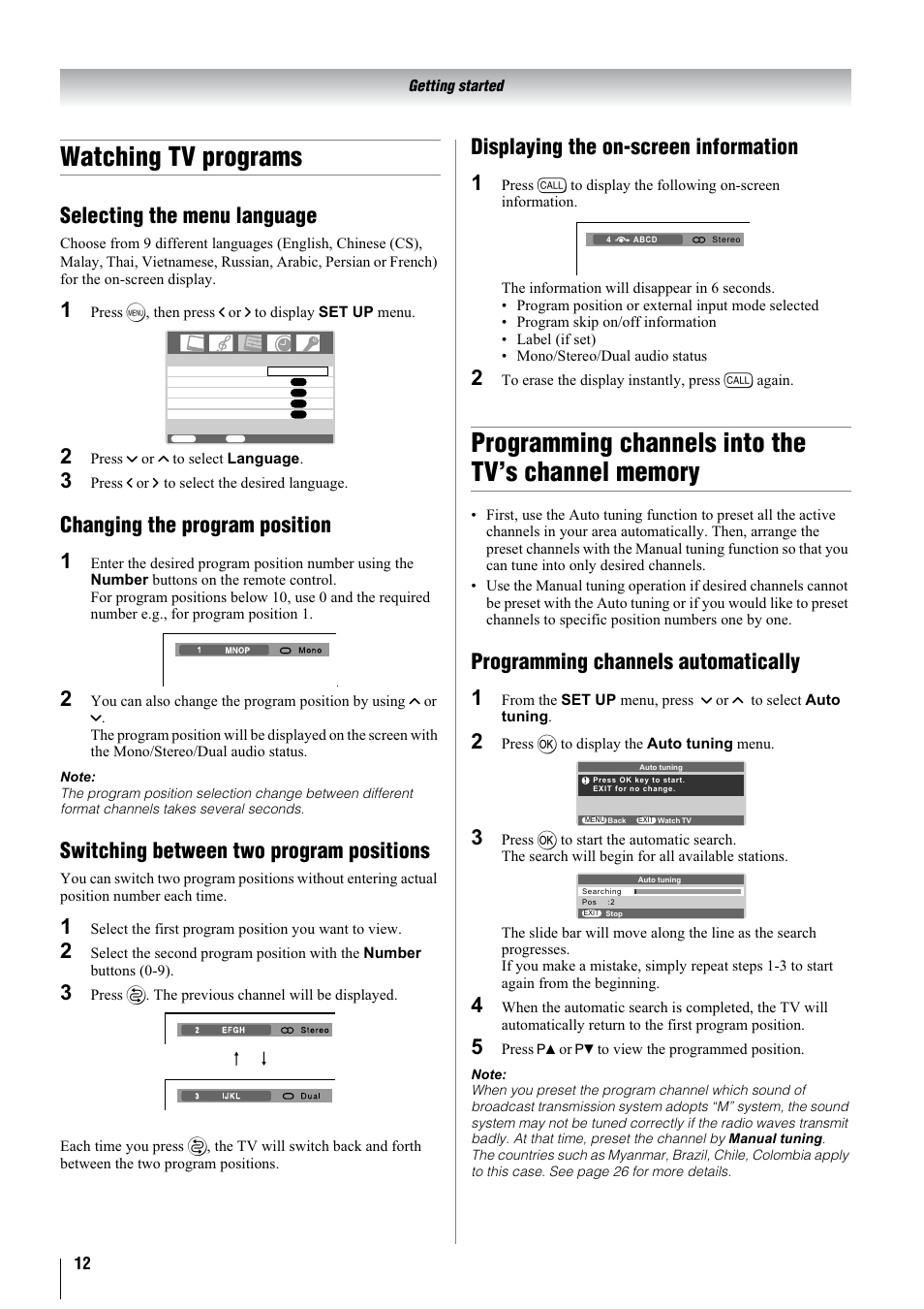Watching tv programs, Selecting the menu language, Changing the program position 1 | Switching between two program positions, Displaying the on-screen information 1, Programming channels automatically 1 | Toshiba 37A3000A User Manual | Page 12 / 28