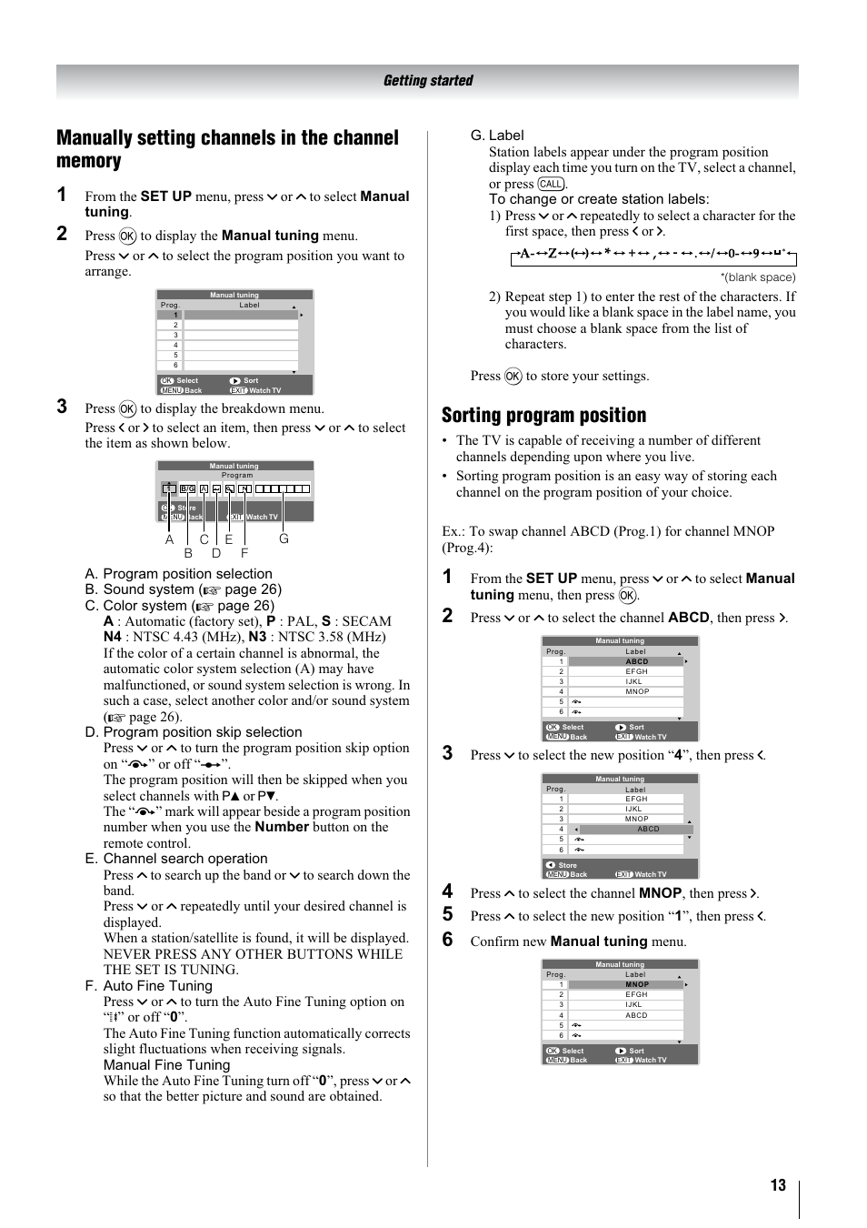 Sorting program position, Getting started, Press u to select the channel mnop , then press i | Confirm new manual tuning menu | Toshiba 37A3000A User Manual | Page 13 / 28