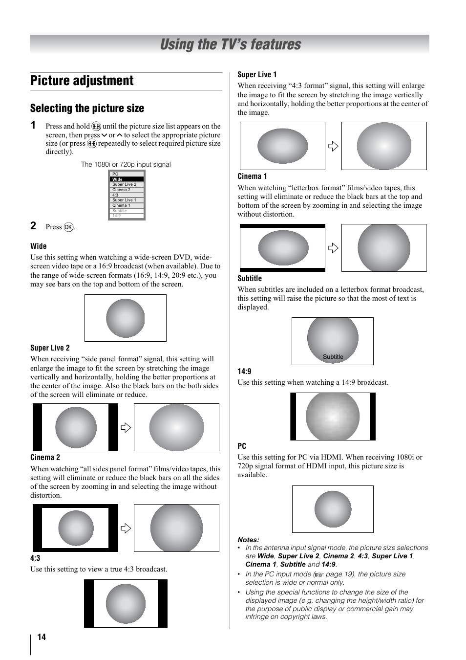 Using the tv’s features, Picture adjustment, Selecting the picture size 1 | Toshiba 37A3000A User Manual | Page 14 / 28