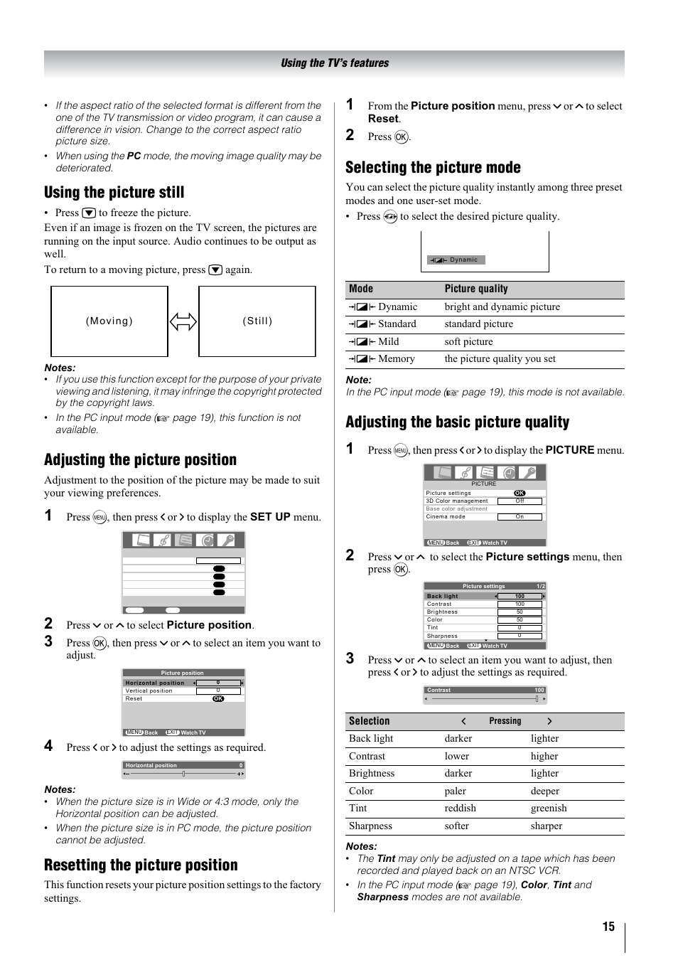 Using the picture still, Adjusting the picture position, Resetting the picture position | Selecting the picture mode, Adjusting the basic picture quality 1 | Toshiba 37A3000A User Manual | Page 15 / 28