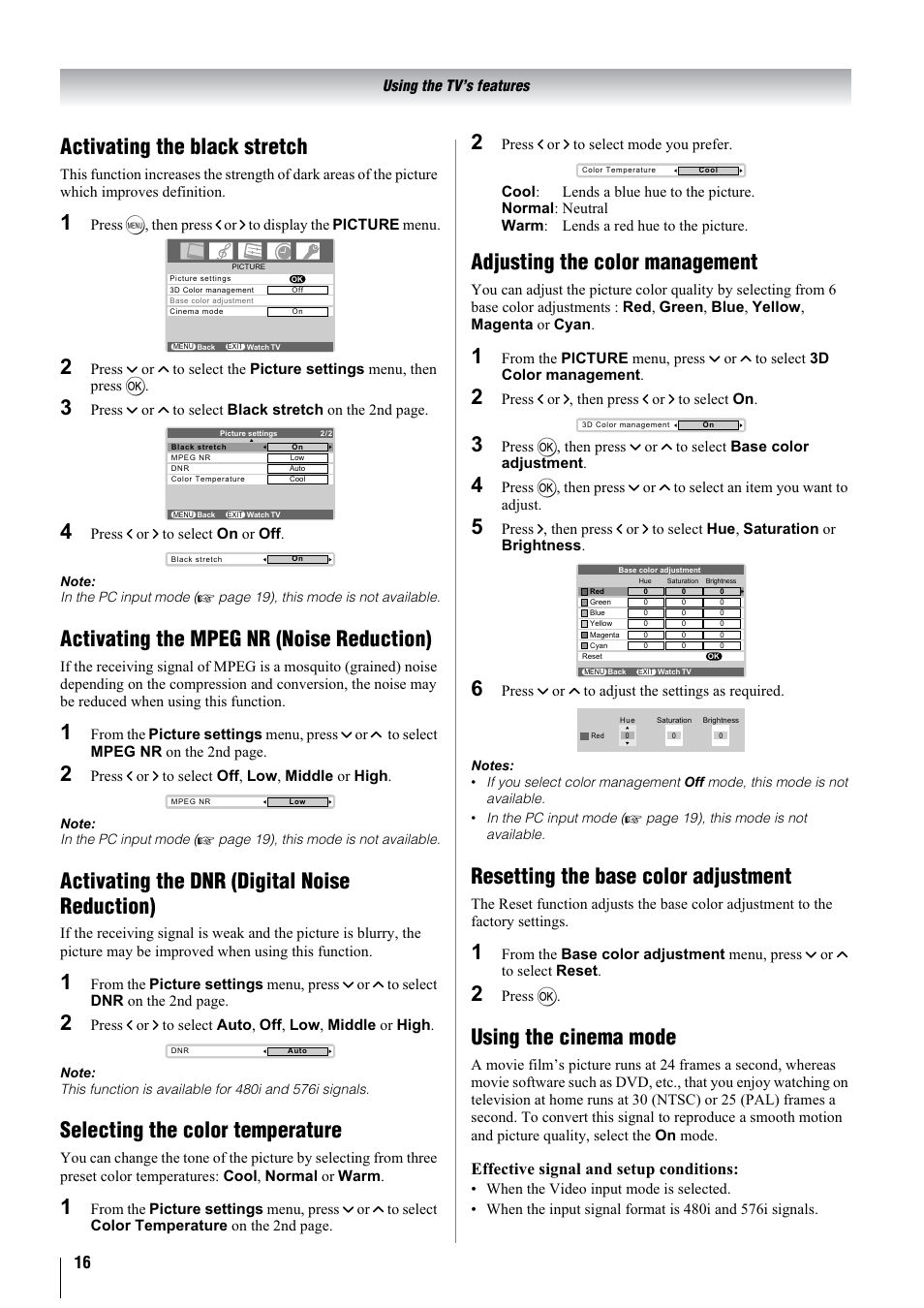 Activating the black stretch, Activating the mpeg nr (noise reduction), Activating the dnr (digital noise reduction) | Selecting the color temperature, Adjusting the color management, Resetting the base color adjustment, Using the cinema mode, Effective signal and setup conditions | Toshiba 37A3000A User Manual | Page 16 / 28