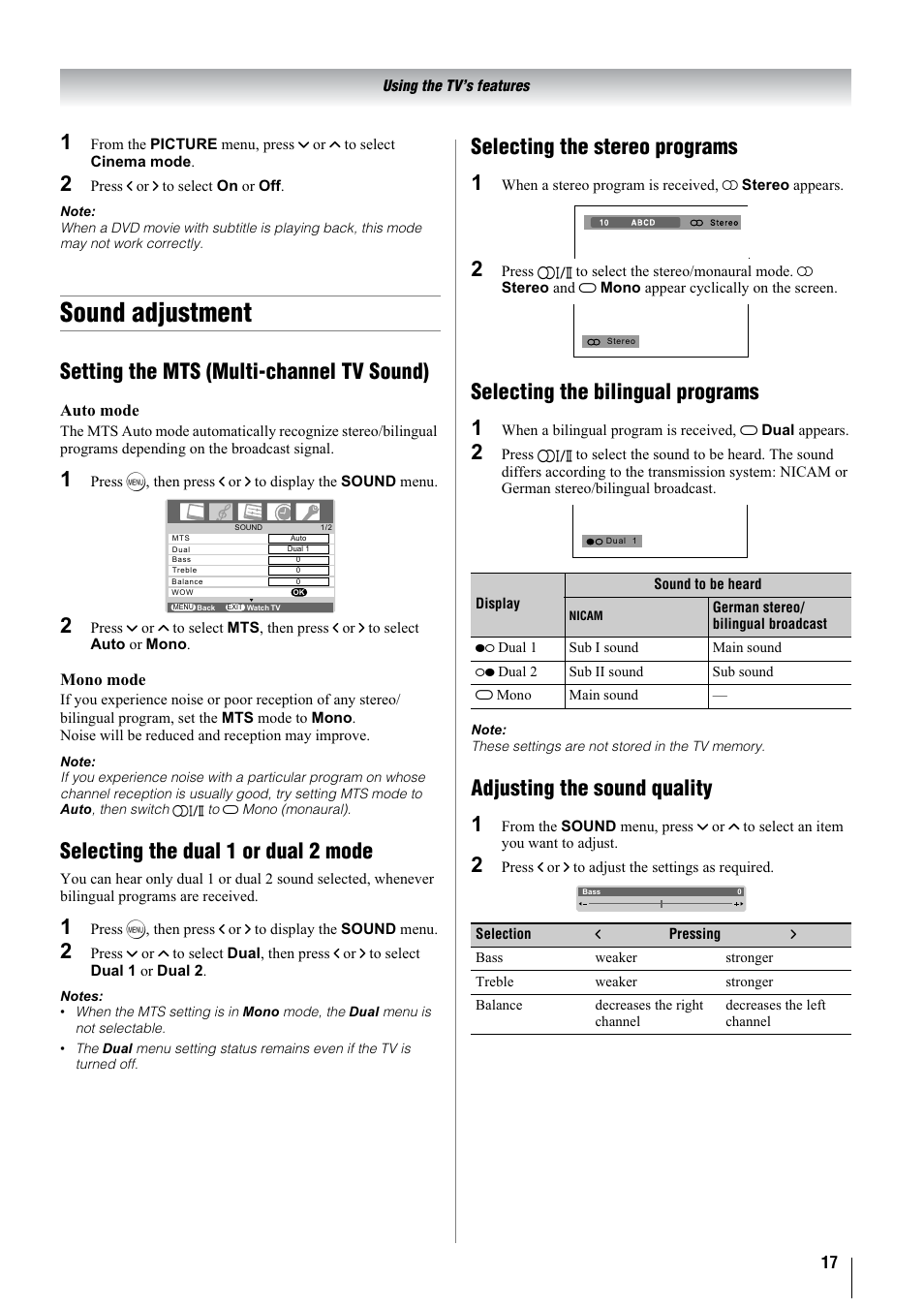 Sound adjustment, Setting the mts (multi-channel tv sound), Selecting the dual 1 or dual 2 mode | Selecting the stereo programs 1, Selecting the bilingual programs 1, Adjusting the sound quality 1 | Toshiba 37A3000A User Manual | Page 17 / 28