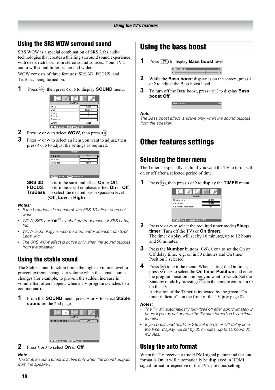 Using the bass boost, Other features settings, Using the srs wow surround sound | Using the stable sound, Selecting the timer menu, Using the auto format | Toshiba 37A3000A User Manual | Page 18 / 28