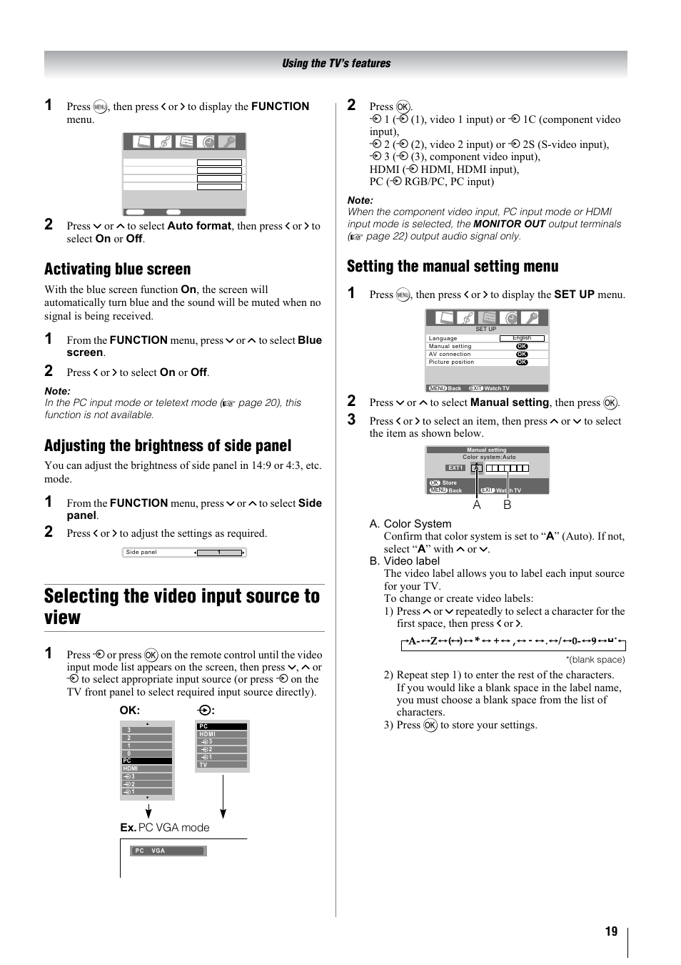 Selecting the video input source to view, Activating blue screen, Adjusting the brightness of side panel | Setting the manual setting menu 1 | Toshiba 37A3000A User Manual | Page 19 / 28