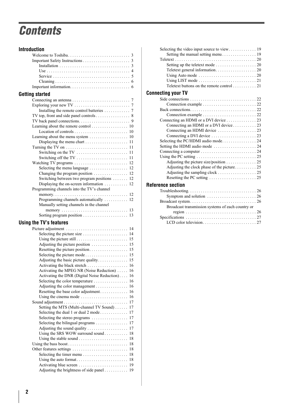 Toshiba 37A3000A User Manual | Page 2 / 28