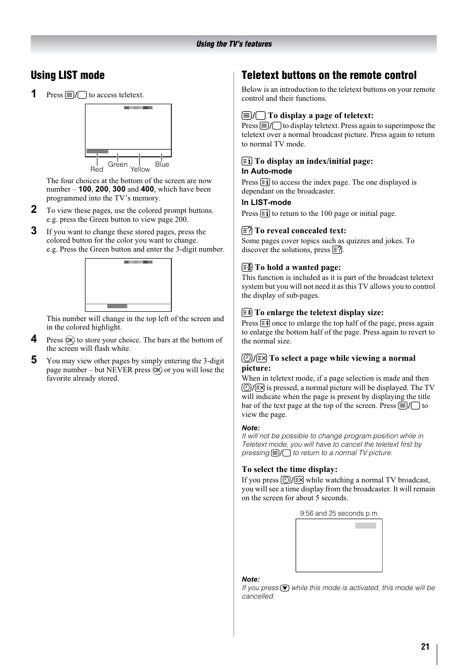 Using list mode 1, Teletext buttons on the remote control | Toshiba 37A3000A User Manual | Page 21 / 28