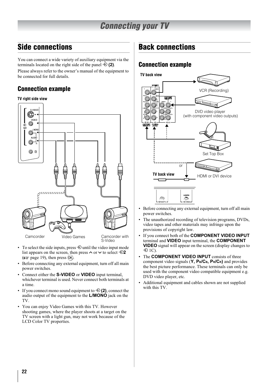 Connecting your tv, Side connections, Back connections | Connection example | Toshiba 37A3000A User Manual | Page 22 / 28