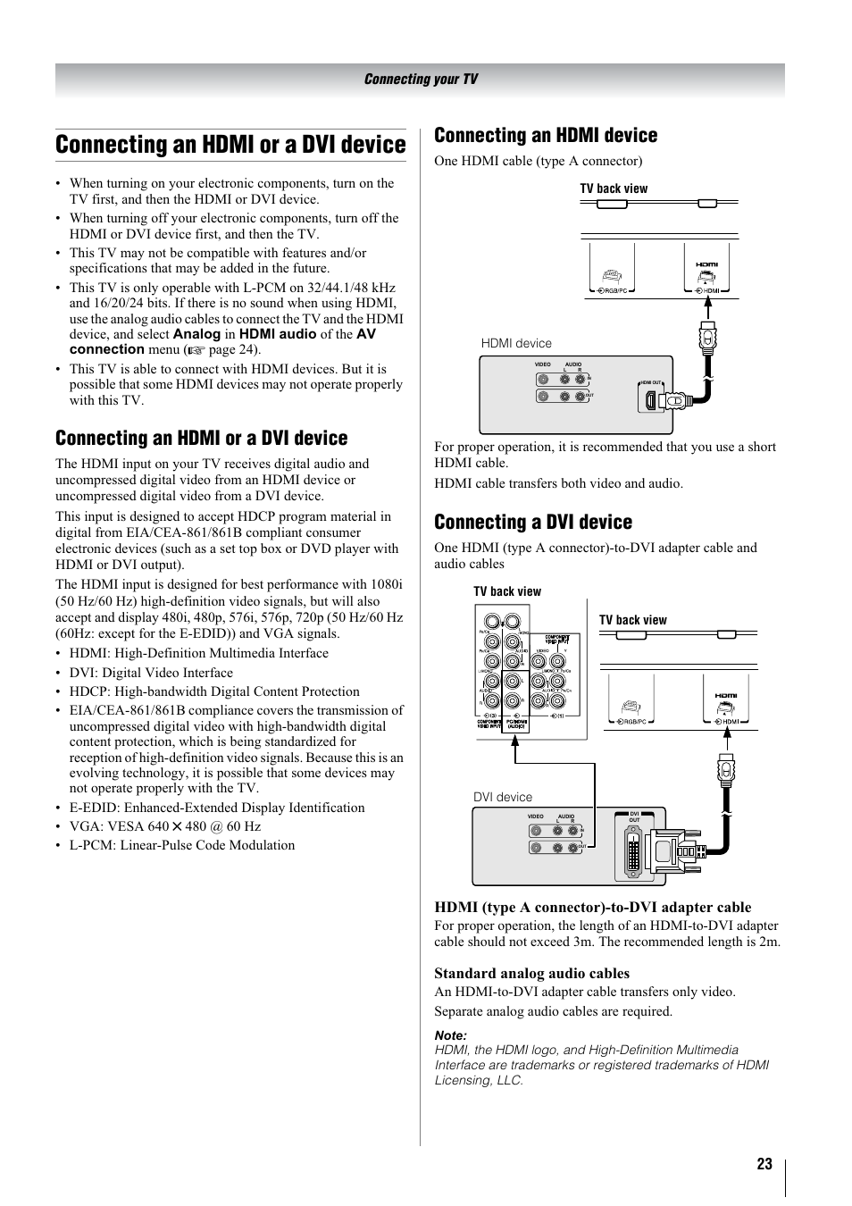 Connecting an hdmi or a dvi device, Connecting an hdmi device, Connecting a dvi device | Hdmi (type a connector)-to-dvi adapter cable, Standard analog audio cables | Toshiba 37A3000A User Manual | Page 23 / 28