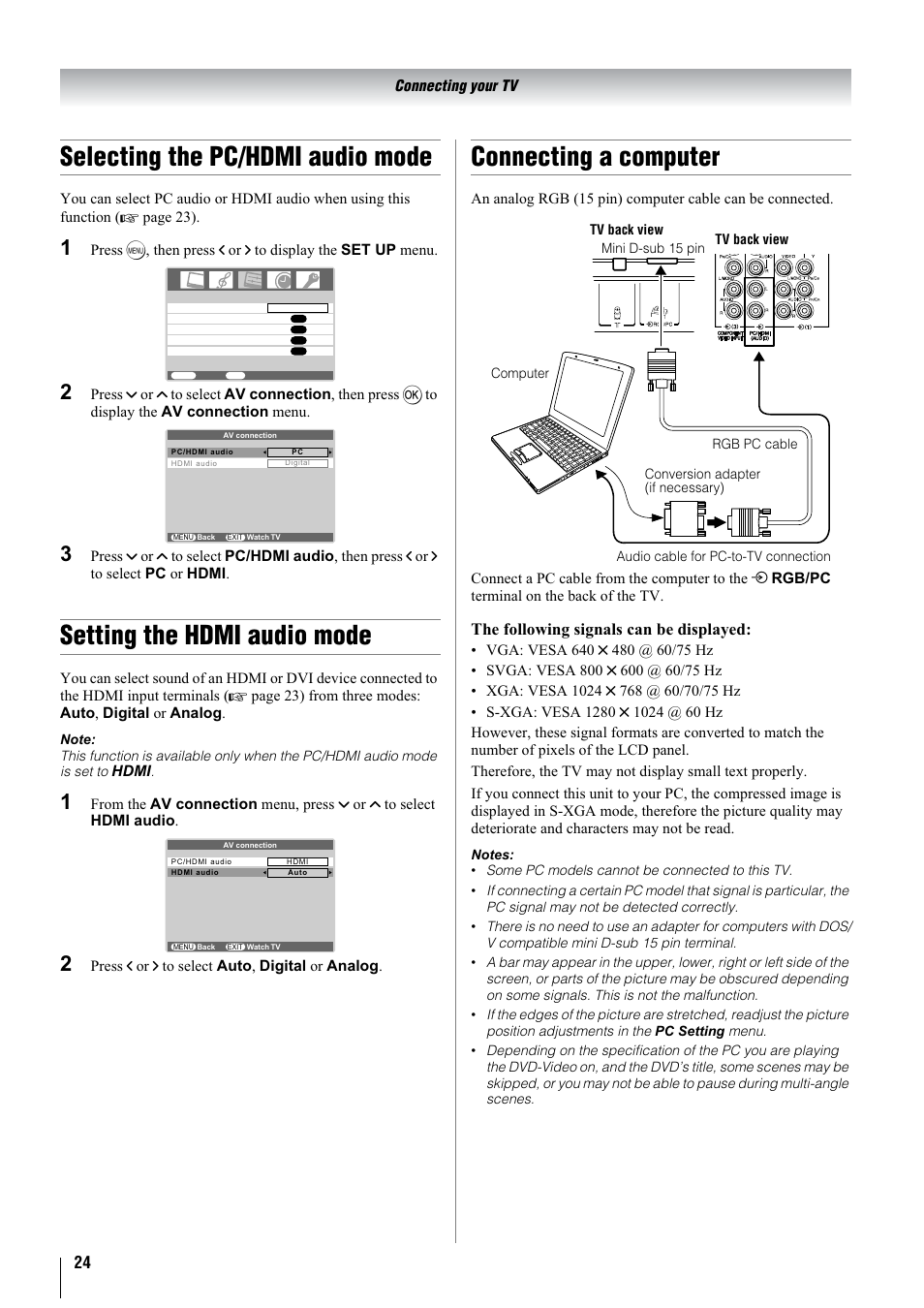 Selecting the pc/hdmi audio mode, Setting the hdmi audio mode, Connecting a computer | The following signals can be displayed | Toshiba 37A3000A User Manual | Page 24 / 28