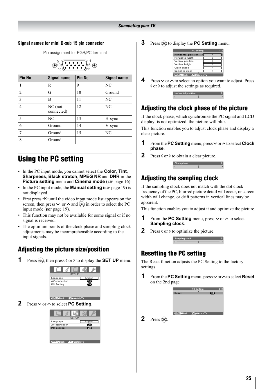 Using the pc setting, Adjusting the picture size/position 1, Adjusting the clock phase of the picture | Adjusting the sampling clock, Resetting the pc setting | Toshiba 37A3000A User Manual | Page 25 / 28
