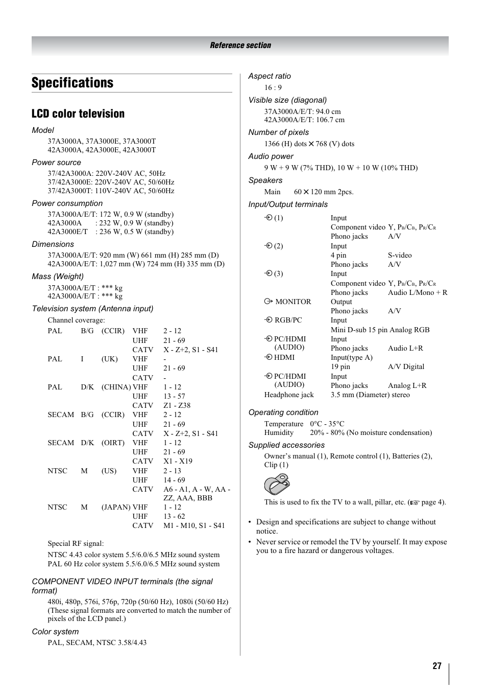 Specifications, Lcd color television | Toshiba 37A3000A User Manual | Page 27 / 28